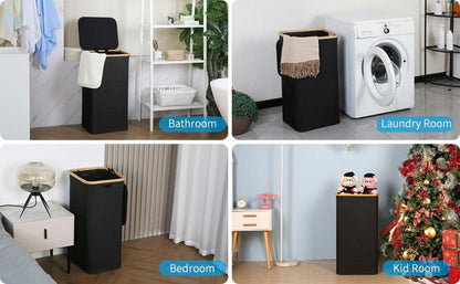 Wäschekorb mit Deckel und Bambusgriffen XXL 100 Liter Schwarz