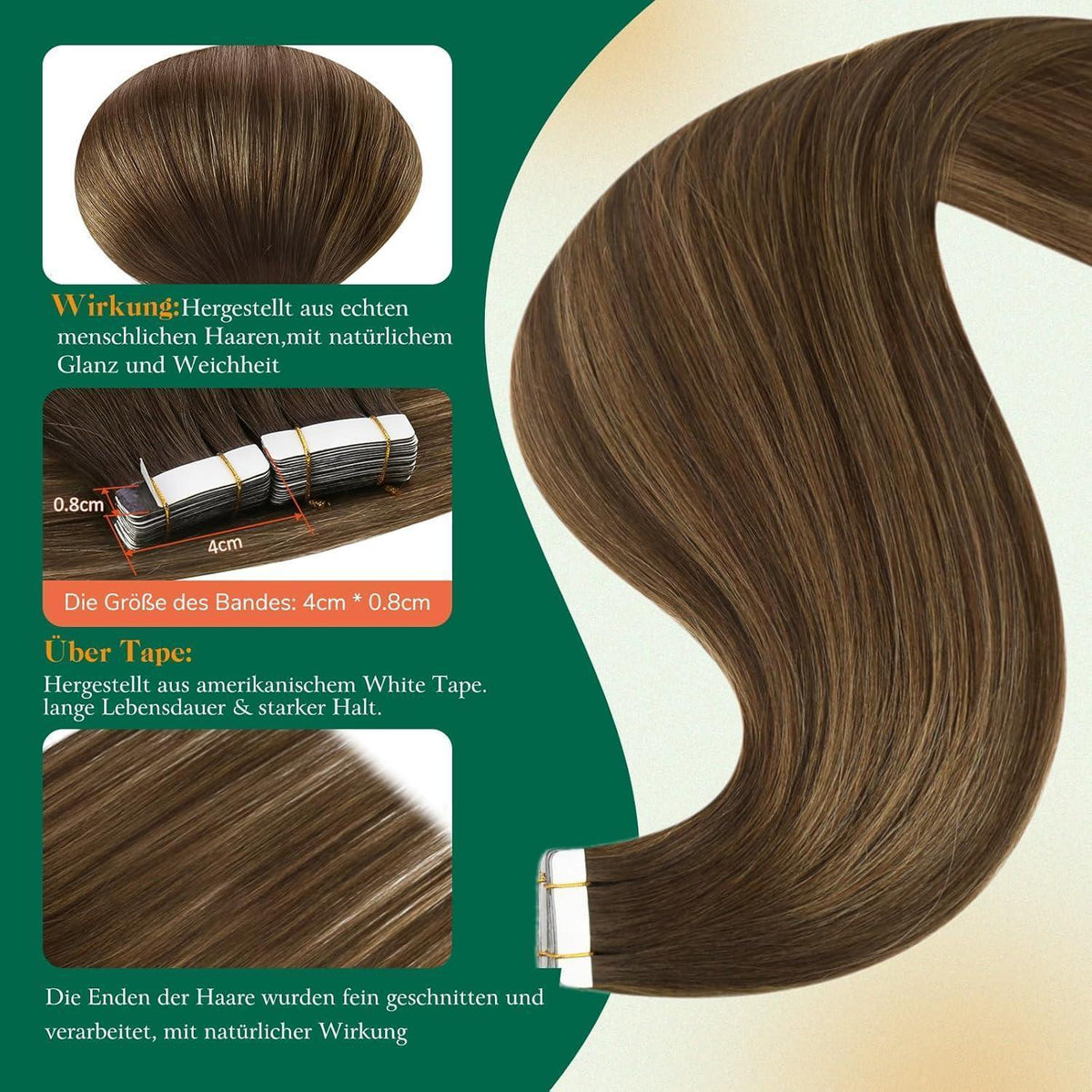 Echthaar Tape Extensions Braun Balayage Ombre 60cm