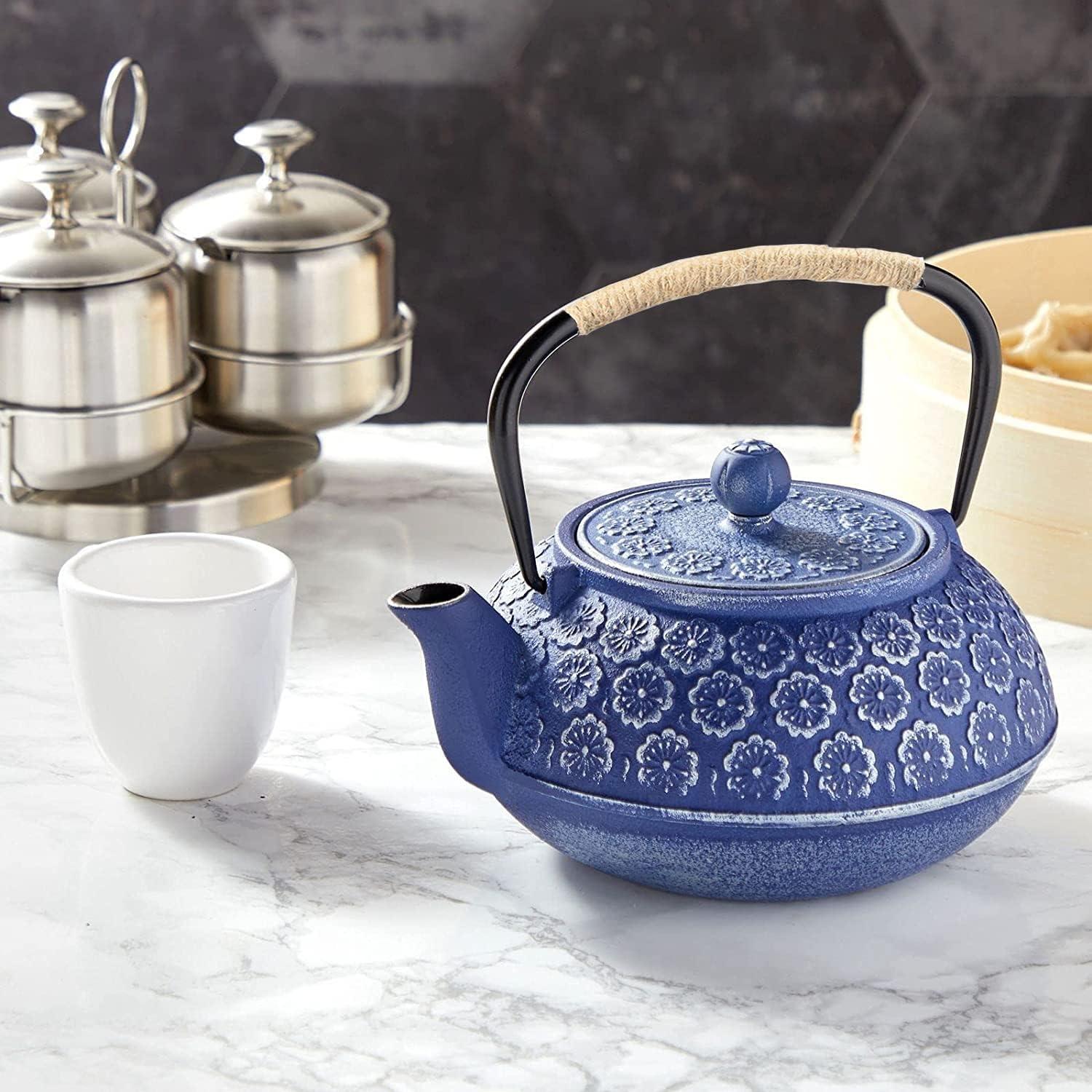 Teekanne Gusseisen mit Edelstahl Sieb 1000ml Blau Kirschblüte