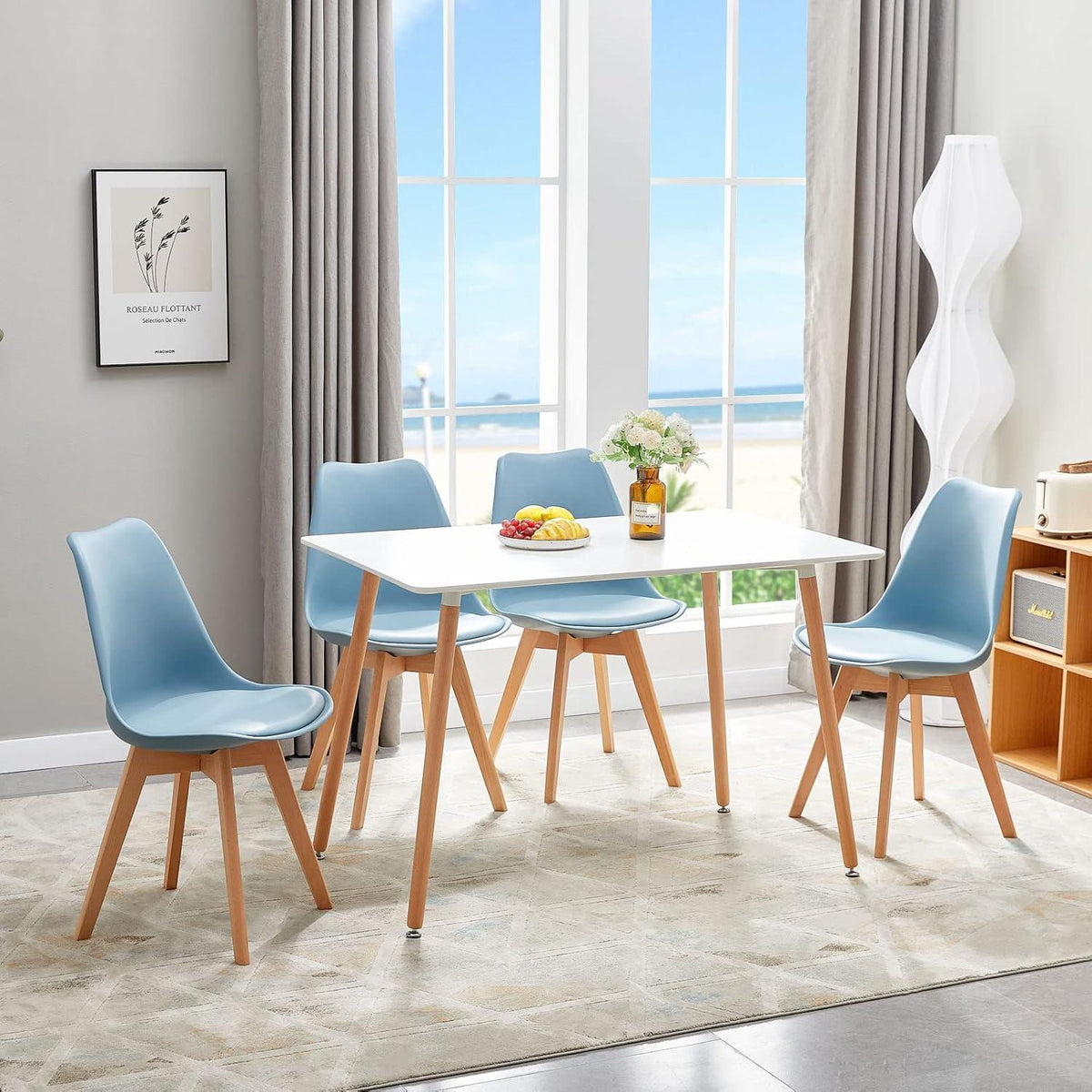 Esszimmerstühle Set 4er Buche Holz, Skandinavisch Morandi Lichtblau