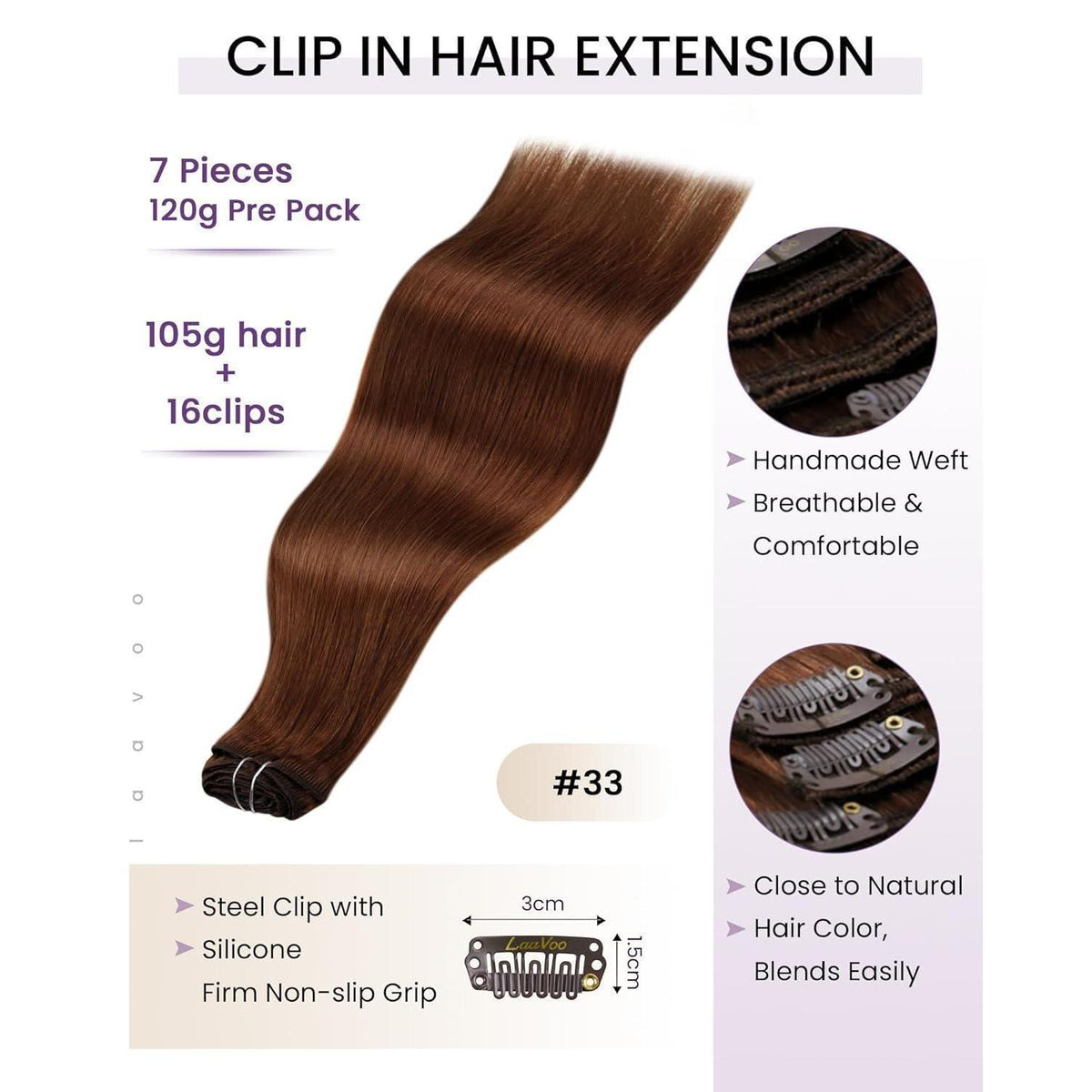Auburn Braun Echthaar Clip in Haarverlängerung 50cm