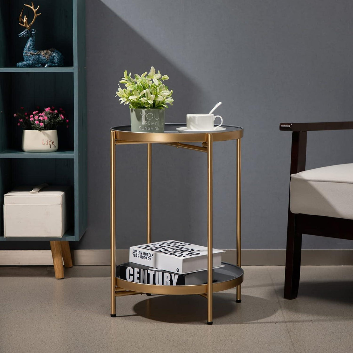 Runder Beistelltisch Gold Metall 2 Etagen Wohnzimmer Nachttisch Terrasse