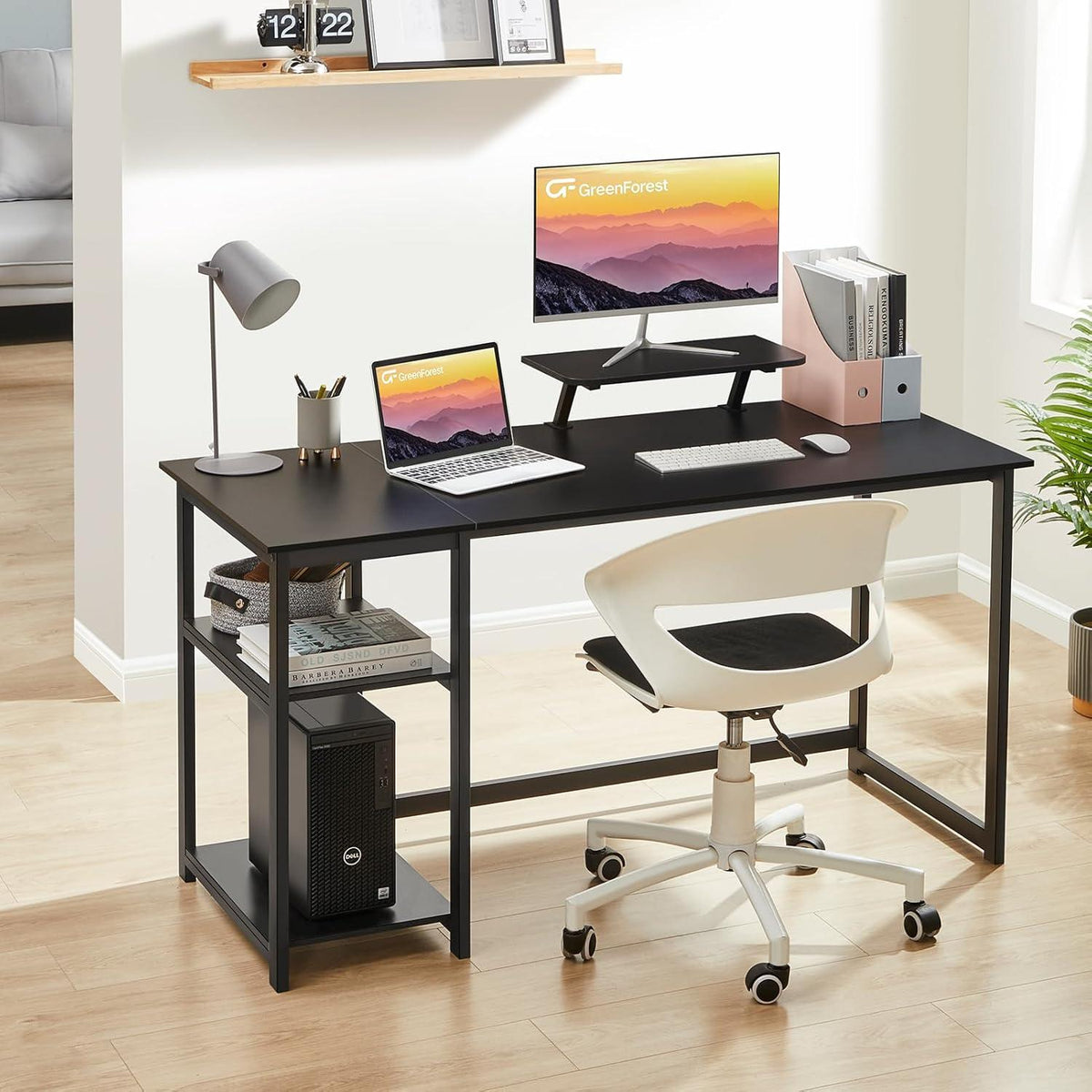 Schreibtisch 140cm mit Stauraum, Monitorständer, Schwarz