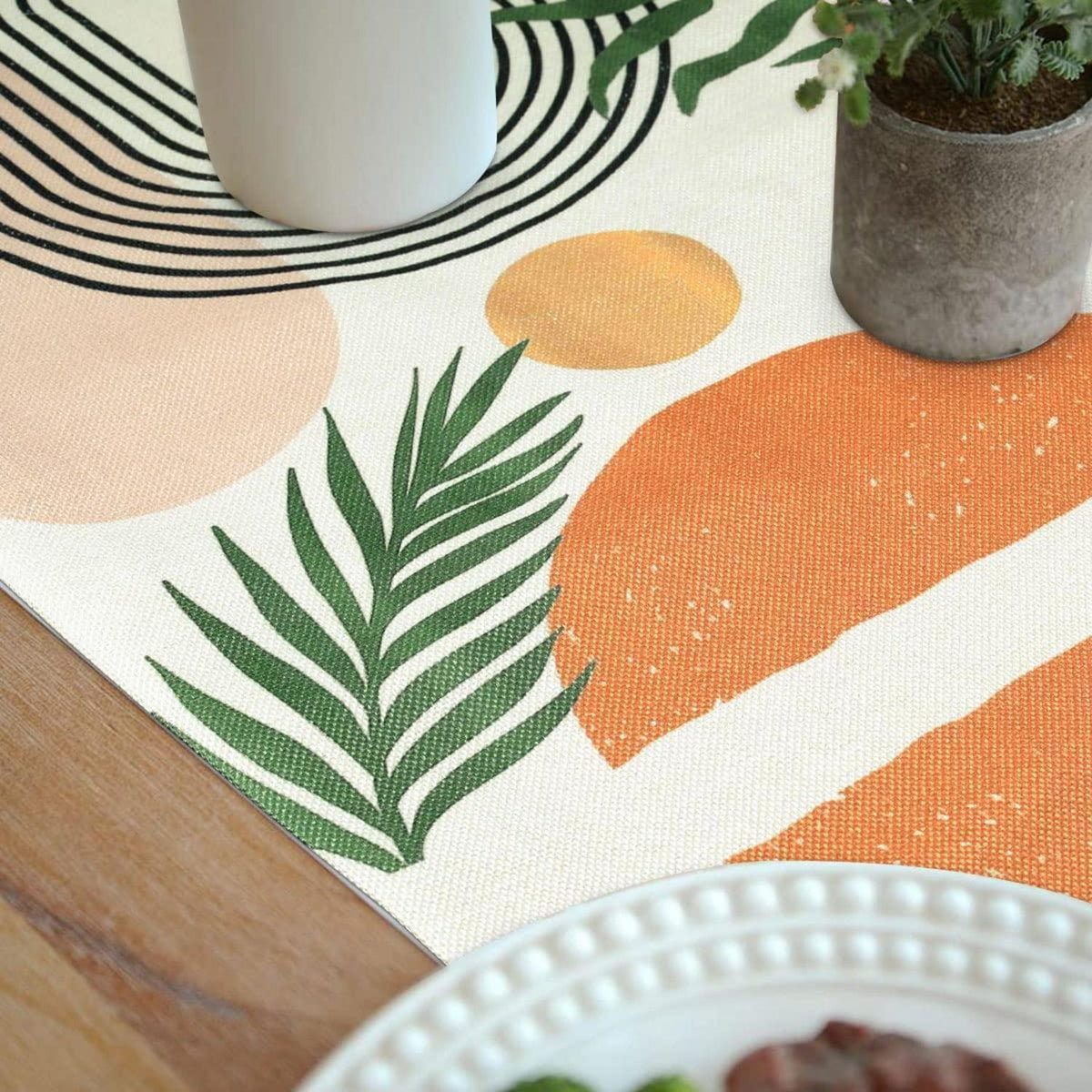 Beiger abstrakter Leinen Tischläufer 40x140 cm – Boho Deko