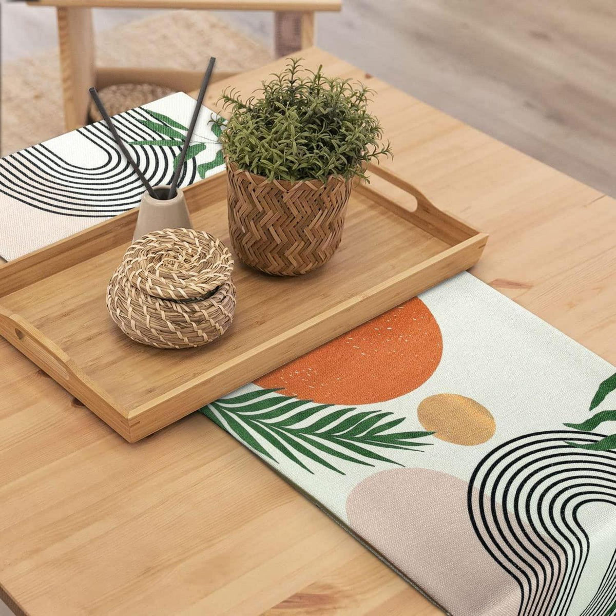 Beiger abstrakter Leinen Tischläufer 40x140 cm – Boho Deko