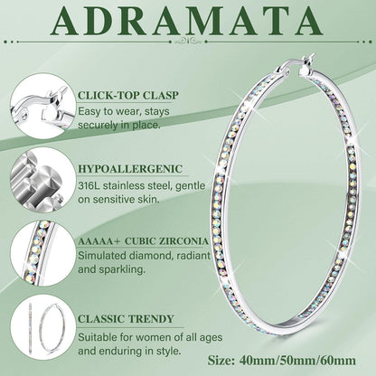 Creolen Edelstahl Damen 60mm mit Zirkonia, Silber/Gold/Roségold