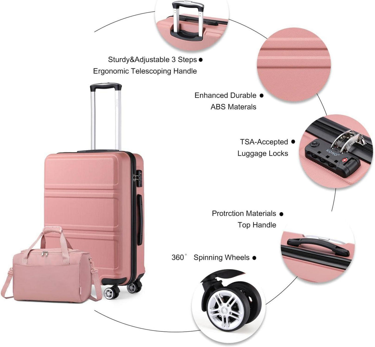 KONO Mittelgroß Reisekoffer Set Rollkoffer 2-teilig Rosegold
