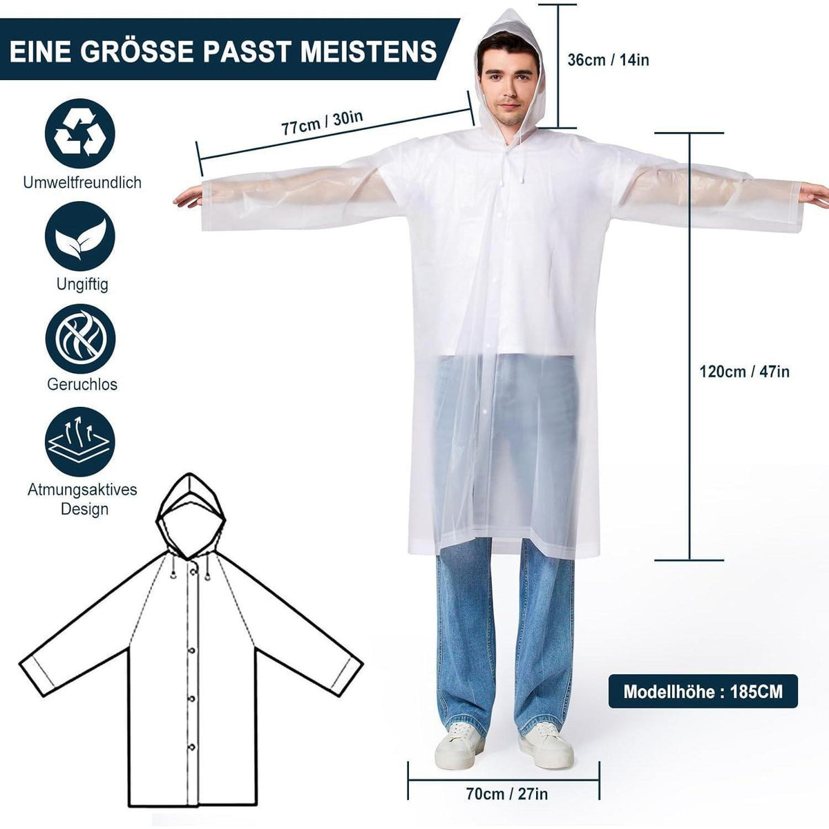 Wasserdichter Regenponcho Damen Herren Faltbar mit Kapuze