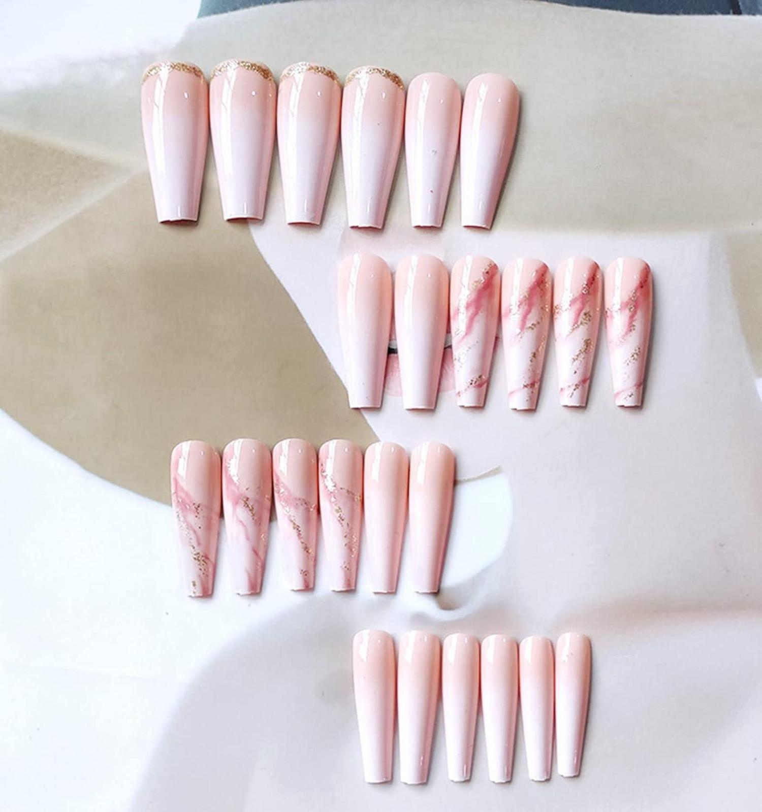 24 Stück Coffin Marble Nägel Gold Swirl French Künstliche Nägel