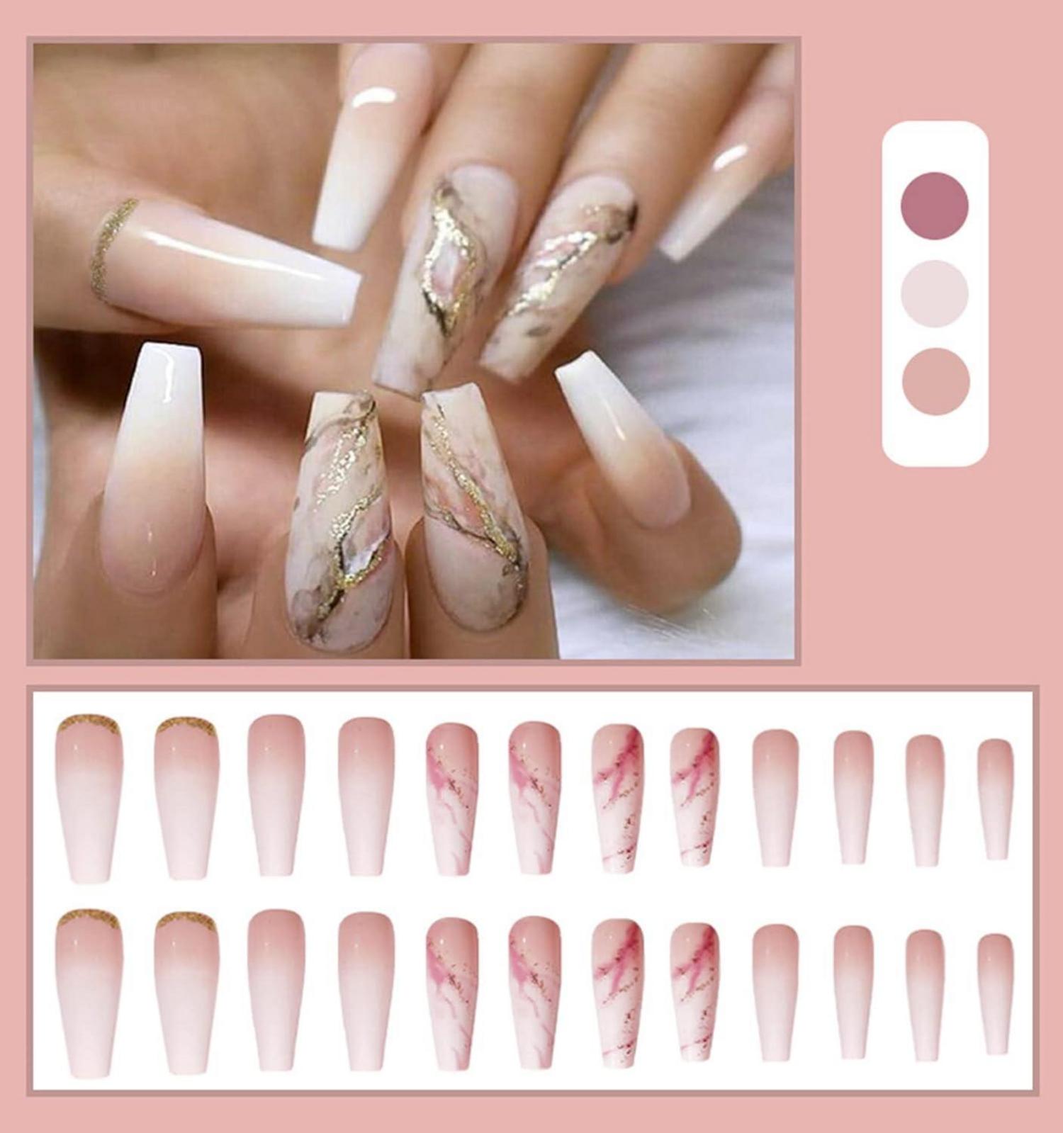 24 Stück Gold Swirl Coffin Marble Künstliche Nägel Lang Fake Nails