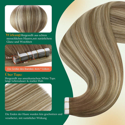 Echthaar Tape Extensions Braun Balayage Ombre Platinblond