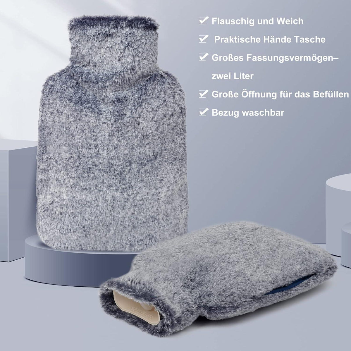 OWOZOI Wärmflasche 2L mit flauschigem Fellbezug und Kängurutasche Marineblau
