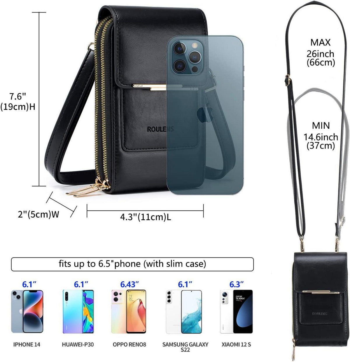 Kleine Damen Handy Umhängetasche Crossbody PU Leder Schwarz