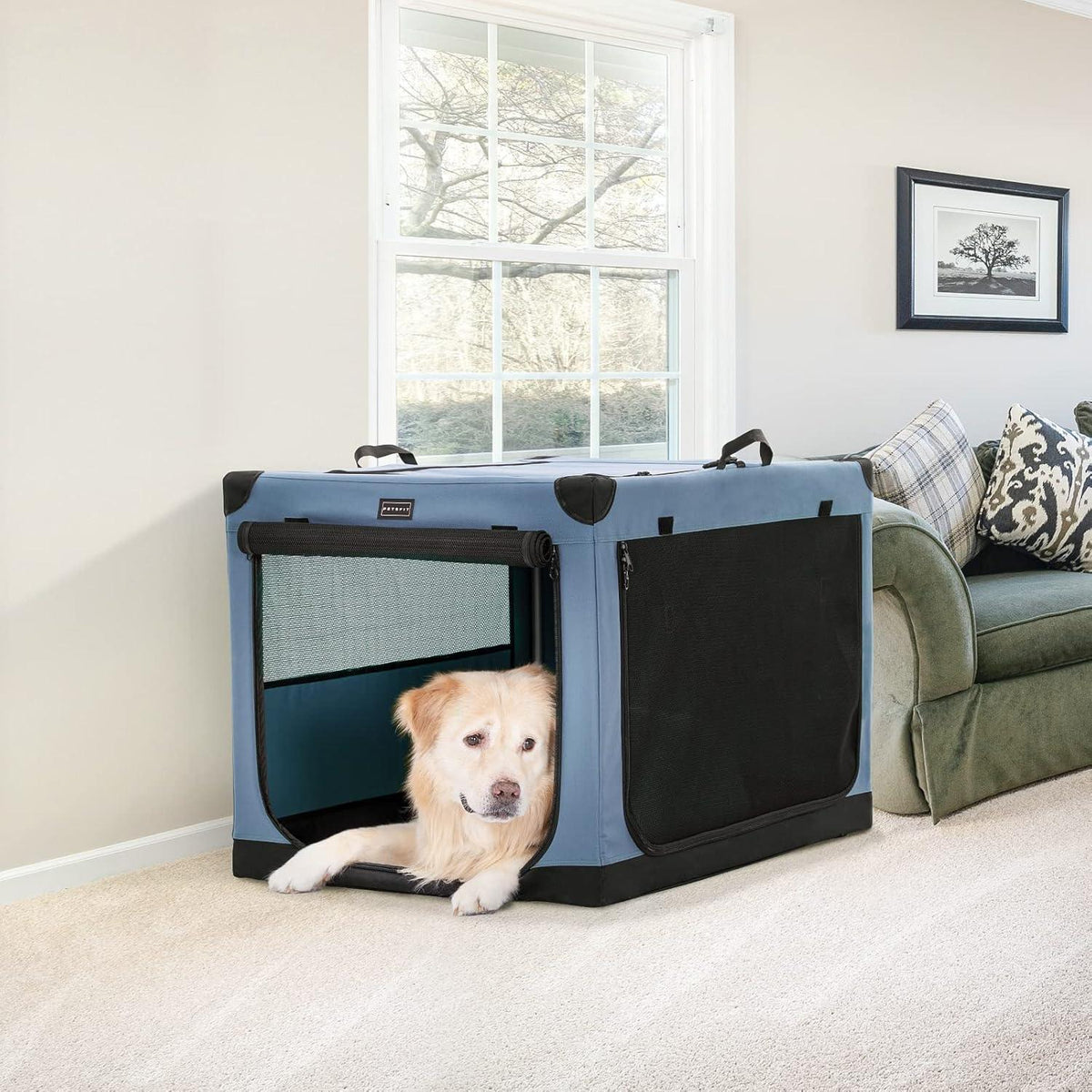 Faltbare Hundebox mit Stoffbezug – Blau L