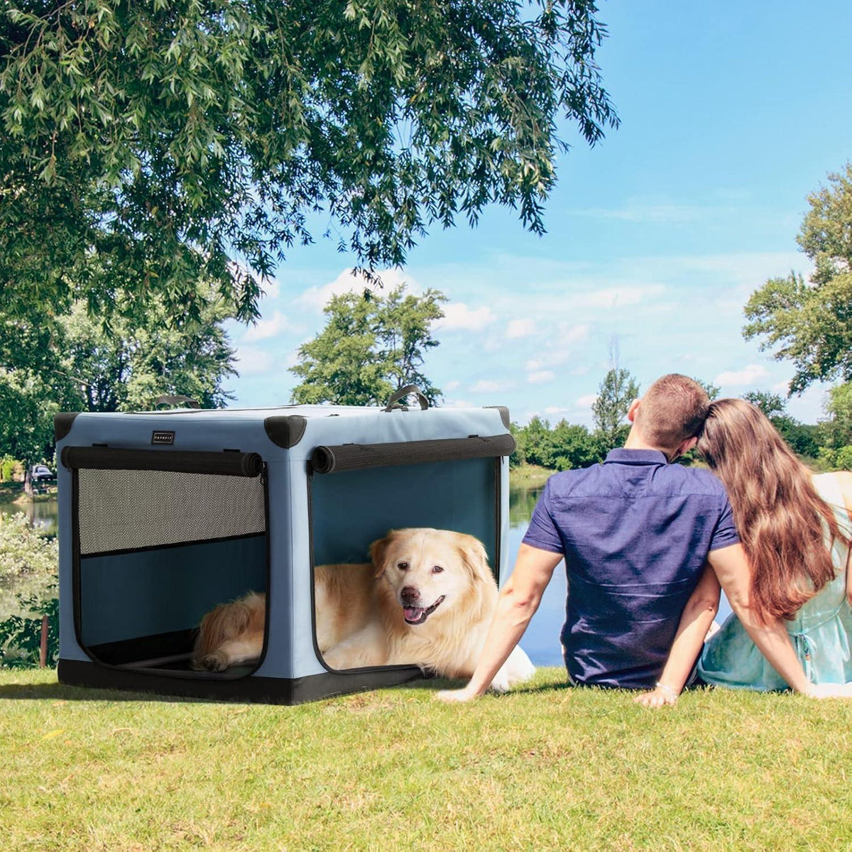 Faltbare Hundebox mit Stoffbezug – Blau L