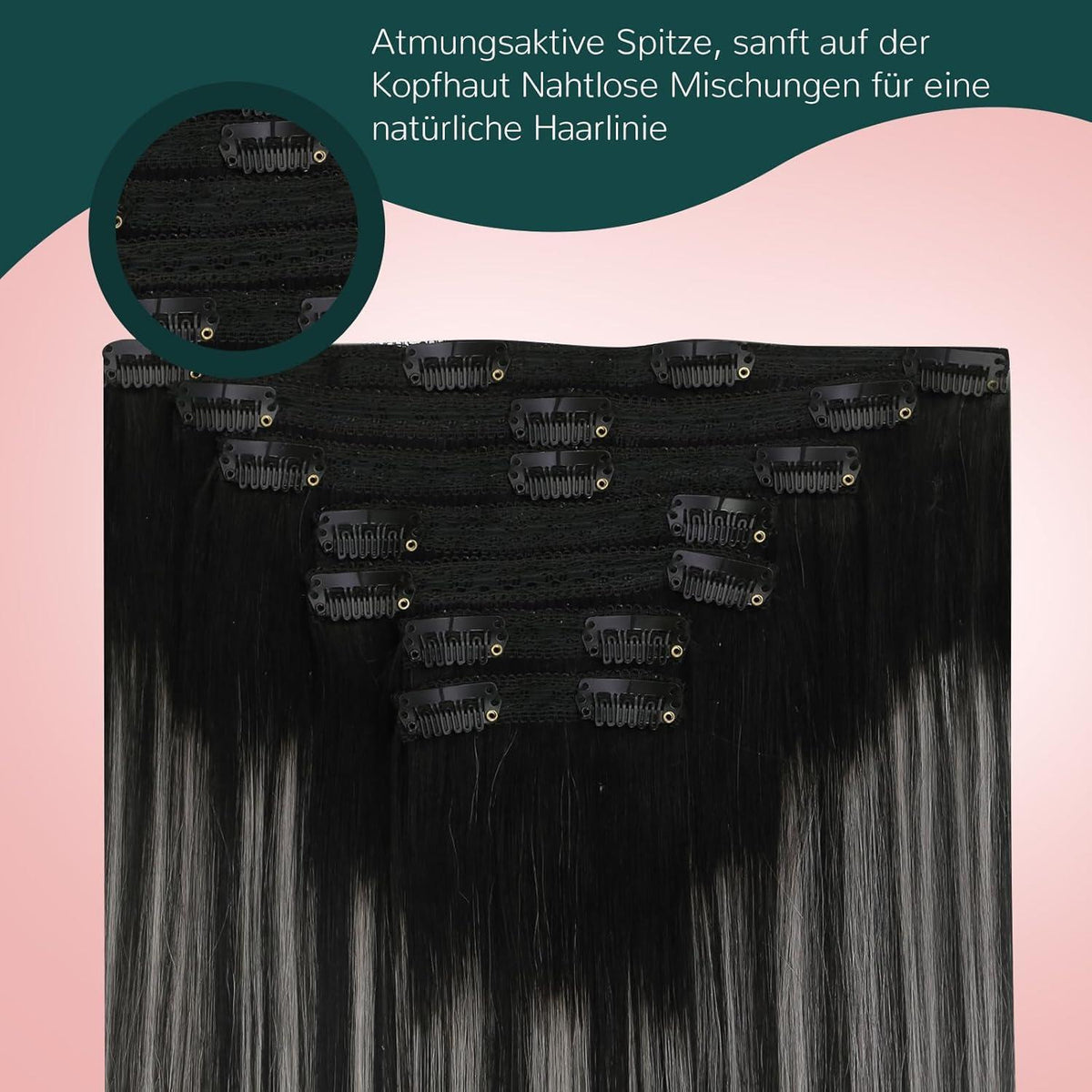 Balayage Clip-in Extensions Schwarz Silber Echthaar 55cm