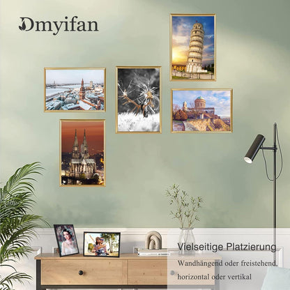 Gold Bilderrahmen Set 5er DIN 7 Inches Plexiglas Haken Wohnzimmer Portraitrahmen