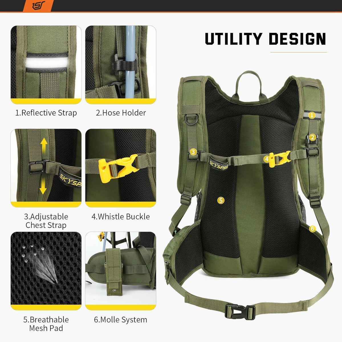 20L Wanderrucksack mit Trinksystem, Fahrrad- & Skirucksack, Militärgrün