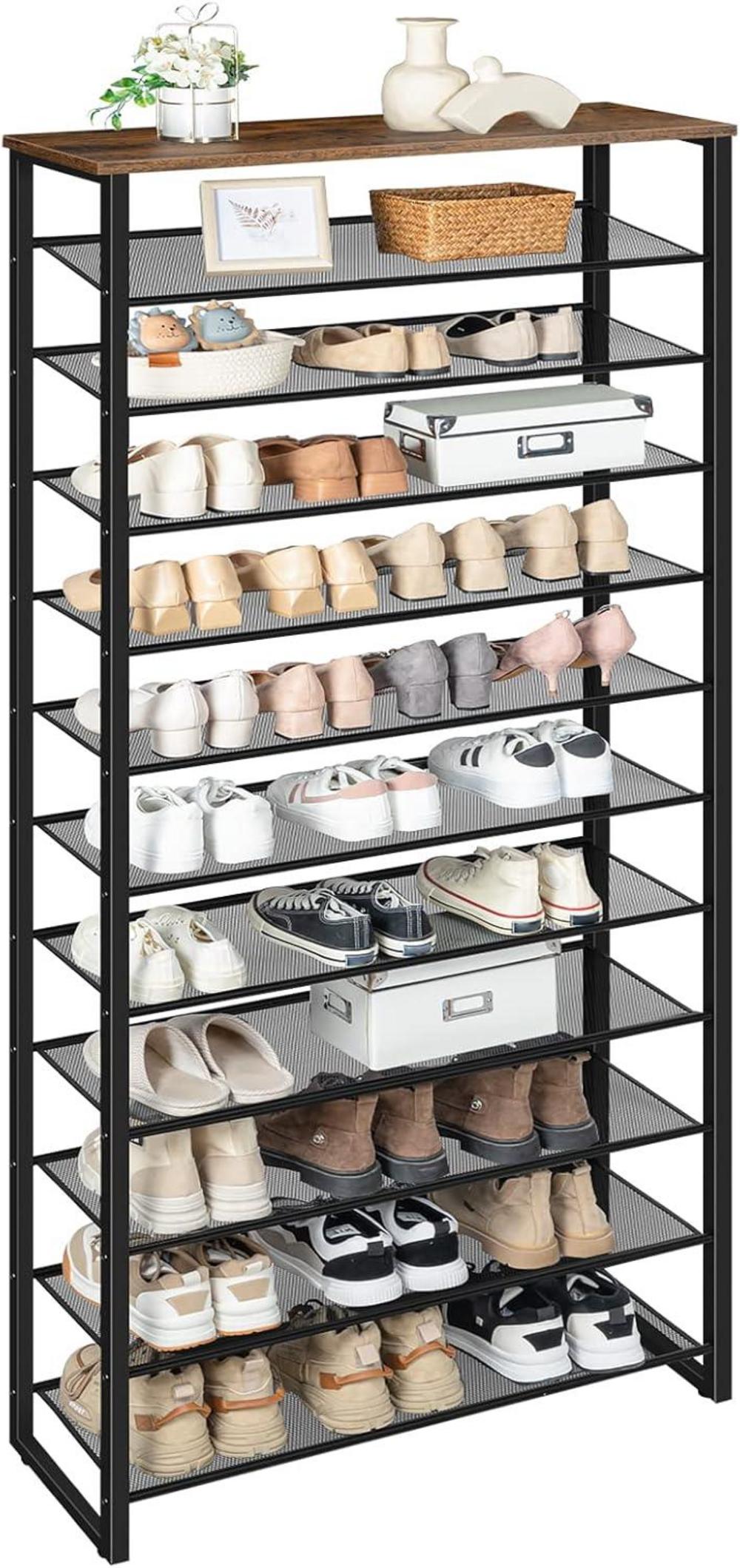 Großes 12-stöckiges Schuhregal für 35-45 Paar Schuhe, Metallrahmen, Industriestil, Vintagebraun-Schwarz
