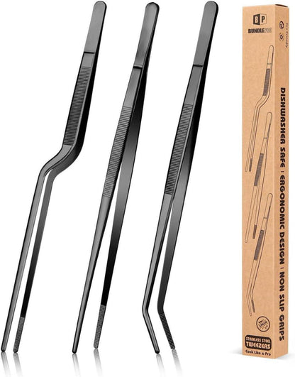 12-Zoll Professionelle Kochpinzette Set aus Edelstahl, Schwarz