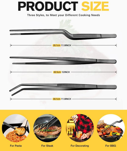12-Zoll Professionelle Kochpinzette Set aus Edelstahl, Schwarz