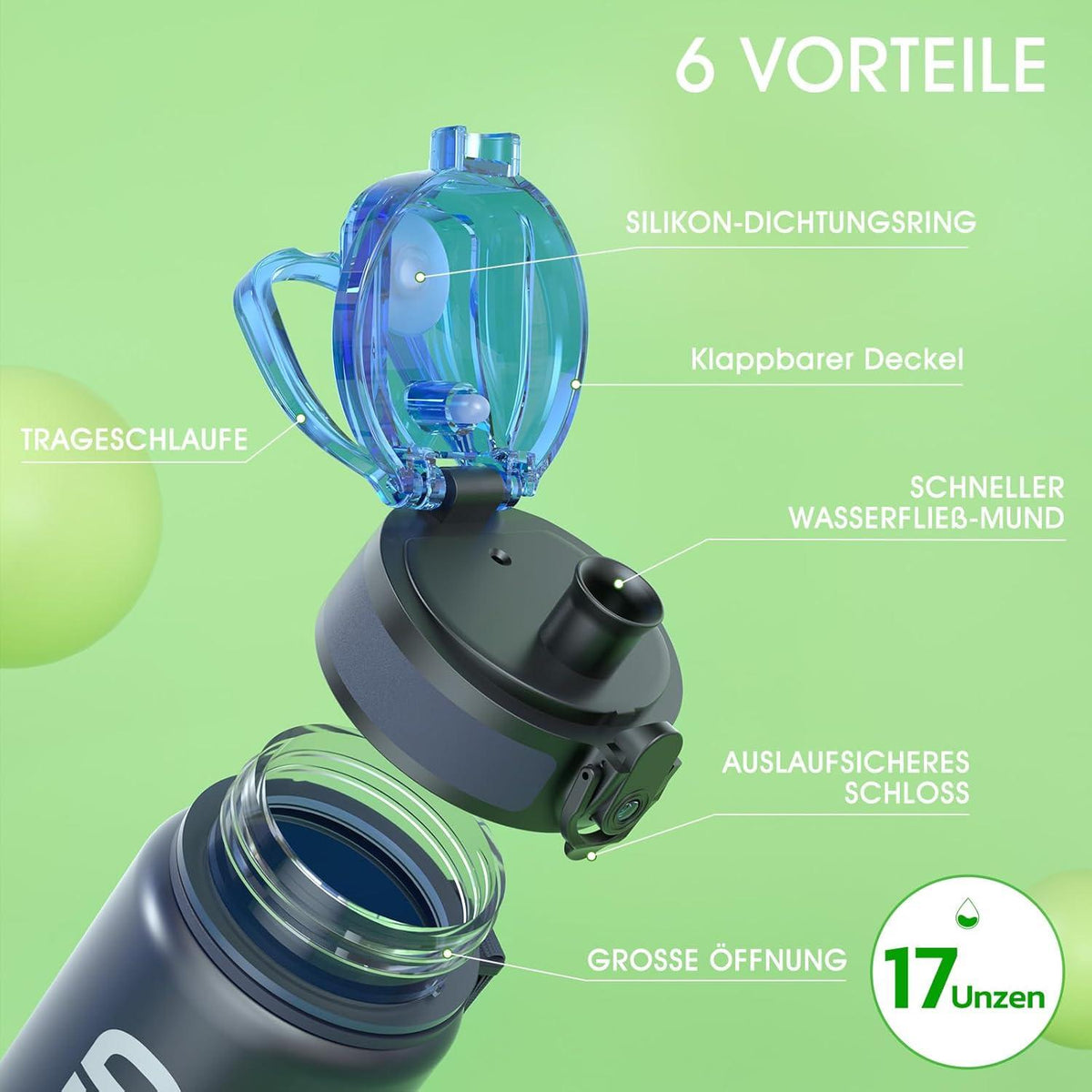 Sport Trinkflasche BPA-frei Tritan 500ML Auslaufsicher Tiefsee 17oz