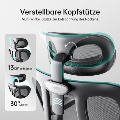 Ergonomischer Bürostuhl mit verstellbarer Kopfstütze und Lordosenstütze, Schwarz