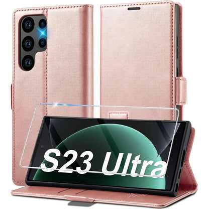 Samsung S23 Ultra Klapphülle mit Schutzfolie & Kartenfächern Pink in Lederoptik
