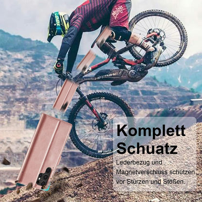 Samsung S23 Ultra Klapphülle mit Schutzfolie & Kartenfächern Pink in Lederoptik