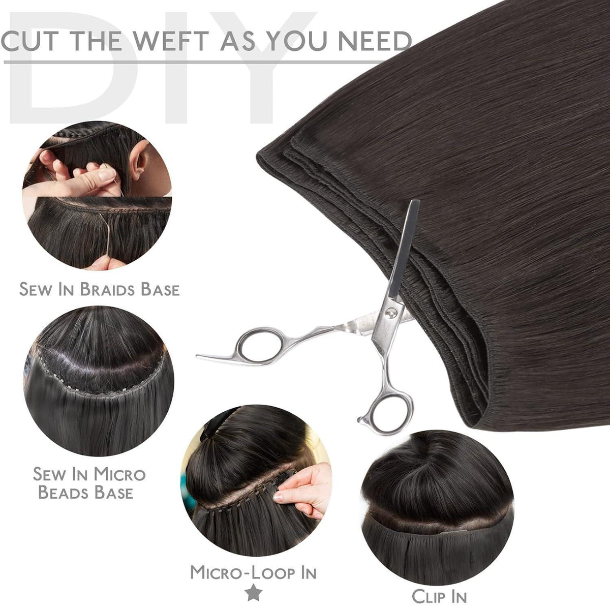 Echthaar Tressen 50cm - 100g Schwarz - Zum Einnähen