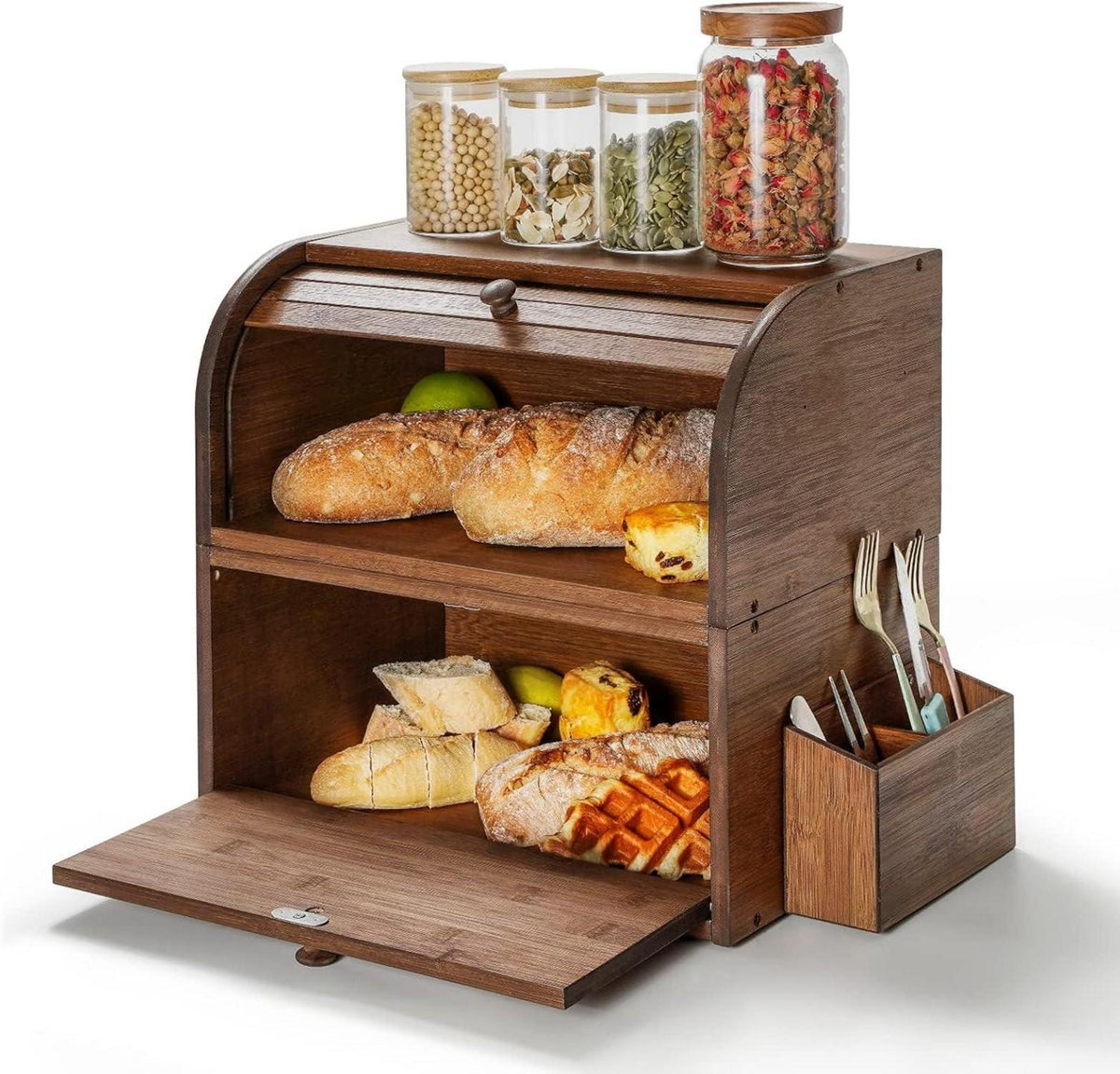 Brotkasten Bambus Retro Rolldeckel Doppellagig Stapelbar