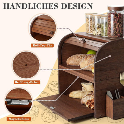 Brotkasten Bambus Retro Rolldeckel Doppellagig Stapelbar