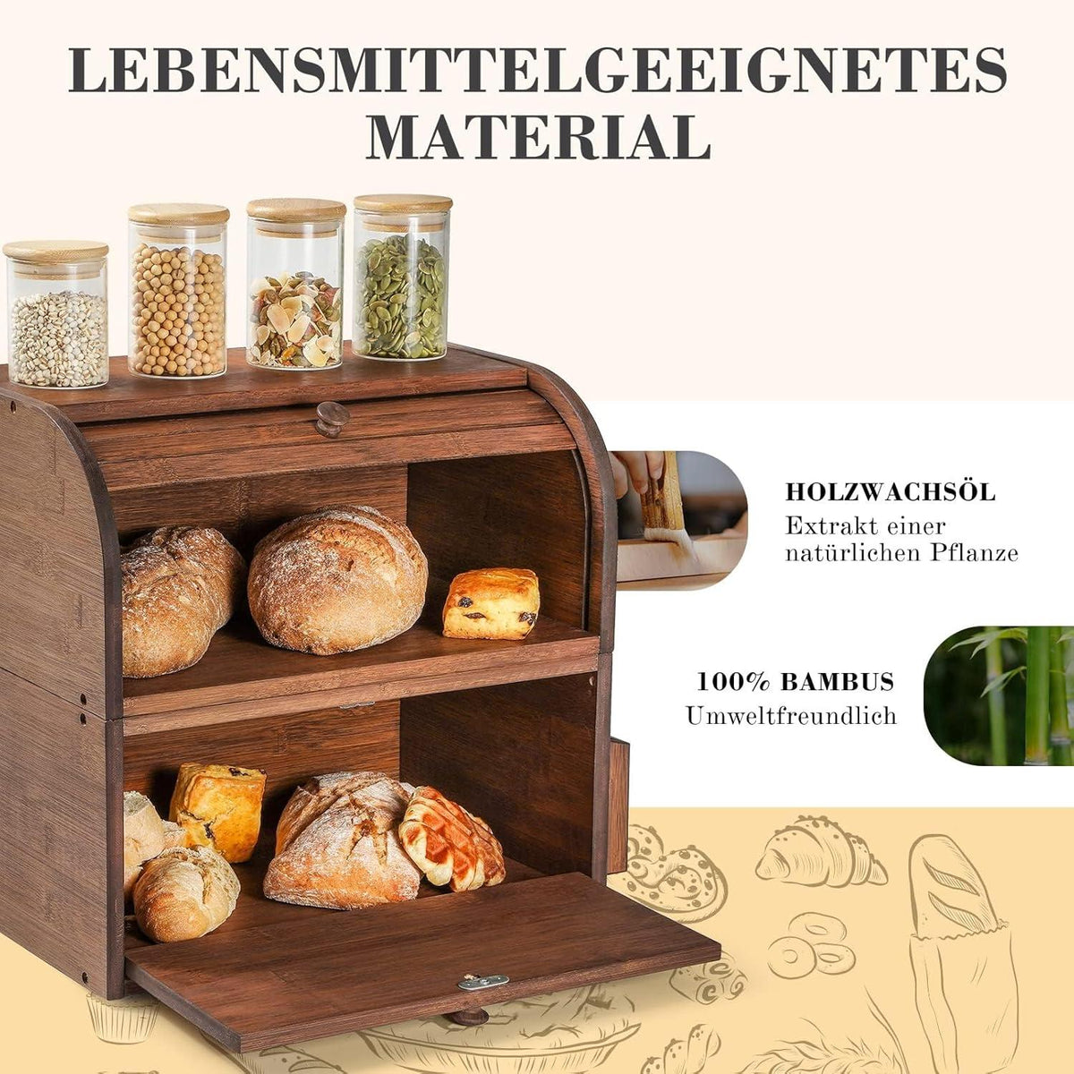Brotkasten Bambus Vintage Style 38x25x36cm Stapelbar Doppellagig Braun