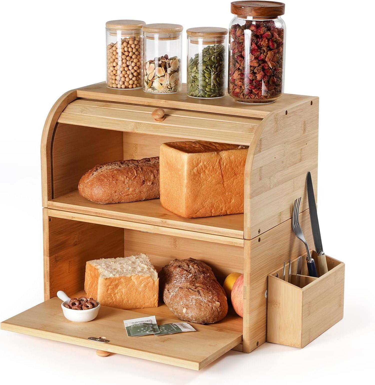 Retro Brotkasten aus Bambus und Holz mit Rolldeckel
