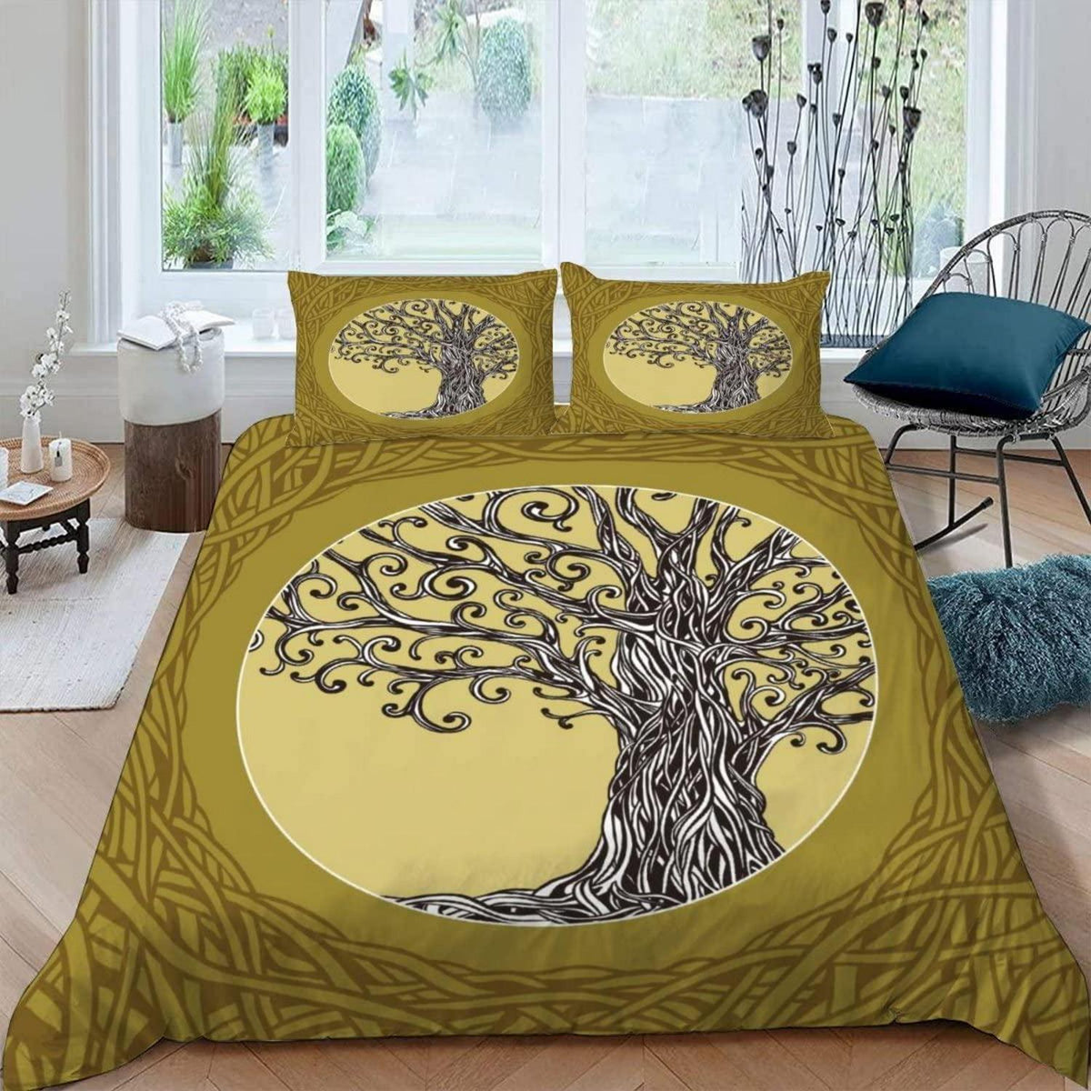 Bettwäsche-Set 220x240 Baum des Lebens 3D Druck Mikrofaser Grau Grün