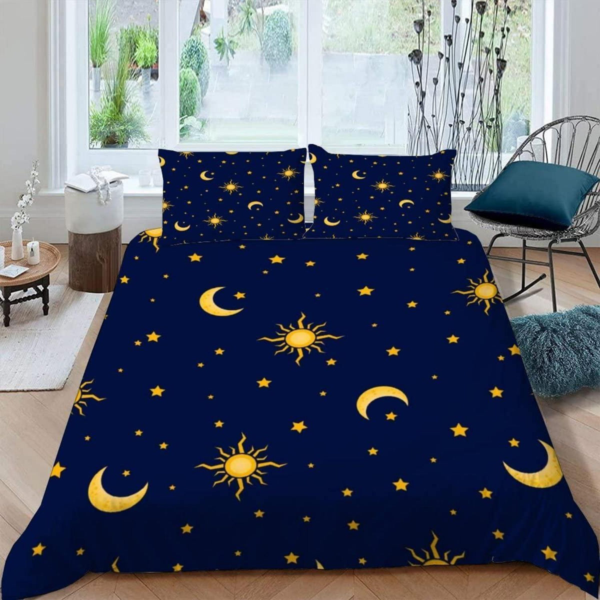 3D Sonnen Mond Sterne Bettwäsche-Set 200x200 cm Blau-Gold