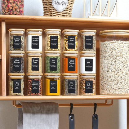 16er Set Gewürzgläser Bambusdeckel 170ml + 275 Etiketten
