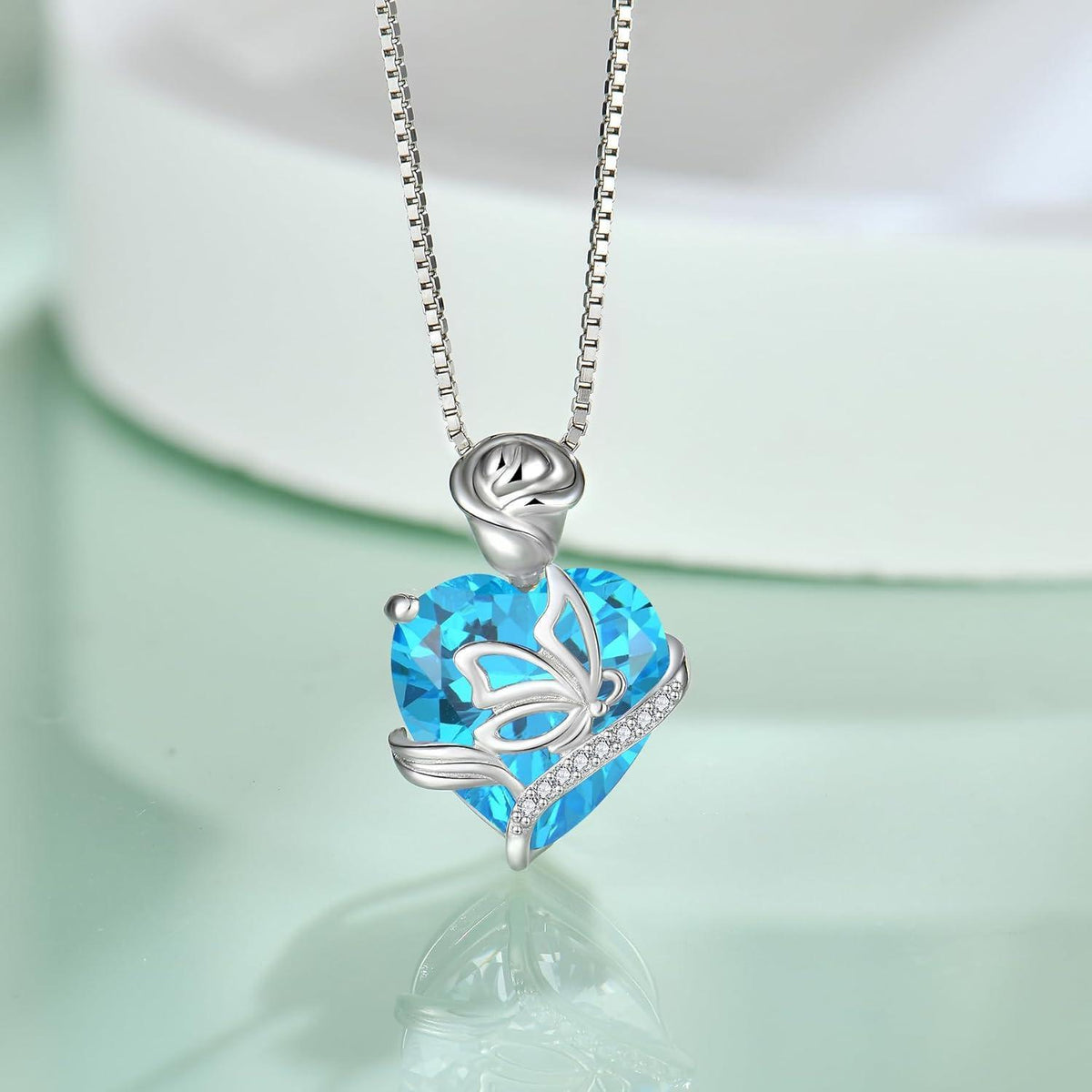 Geburtsstein Kette Damen 925 Sterling Silber Schmetterling Aquamarin