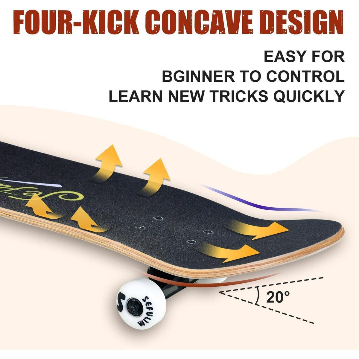Skateboard 78,9 cm Doppel-Kick Deck für Anfänger und Fortgeschrittene