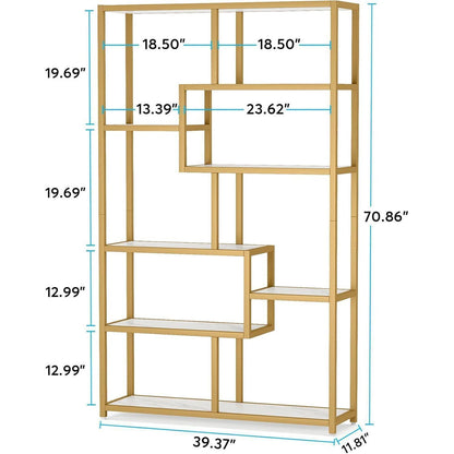 Bücherregal 180cm mit 8 Ablagen, Weiß & Gold, Modernes Design