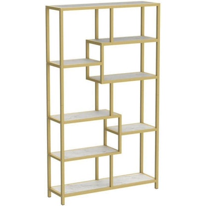 Bücherregal 180cm mit 8 Ablagen, Weiß & Gold, Modernes Design