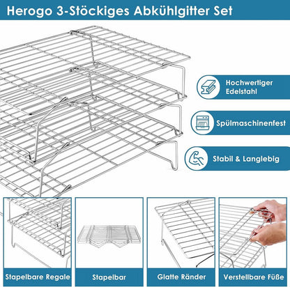 3-Stöckiges Edelstahl Kuchengitter Set 38x26 cm