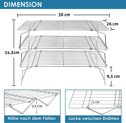 Edelstahl Abkühlgitter Set Kuchengitter 3-Stöckig 38x26 cm
