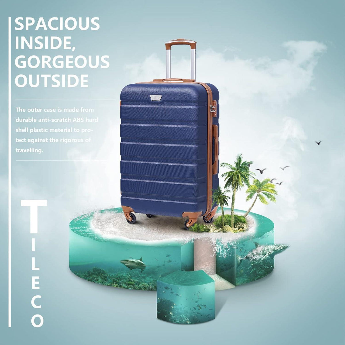 COOLIFE Mittelgroßer Reisekoffer Trolley Blau/Braun 60L