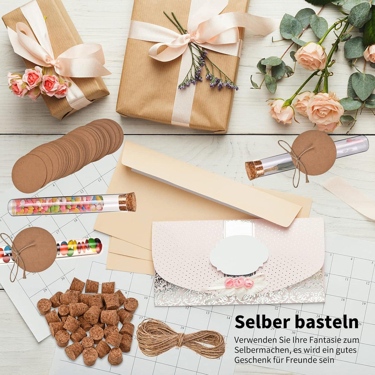 100 Reagenzgläser mit Korken, Kraftpapieranhänger, Hanfseil, Trichter