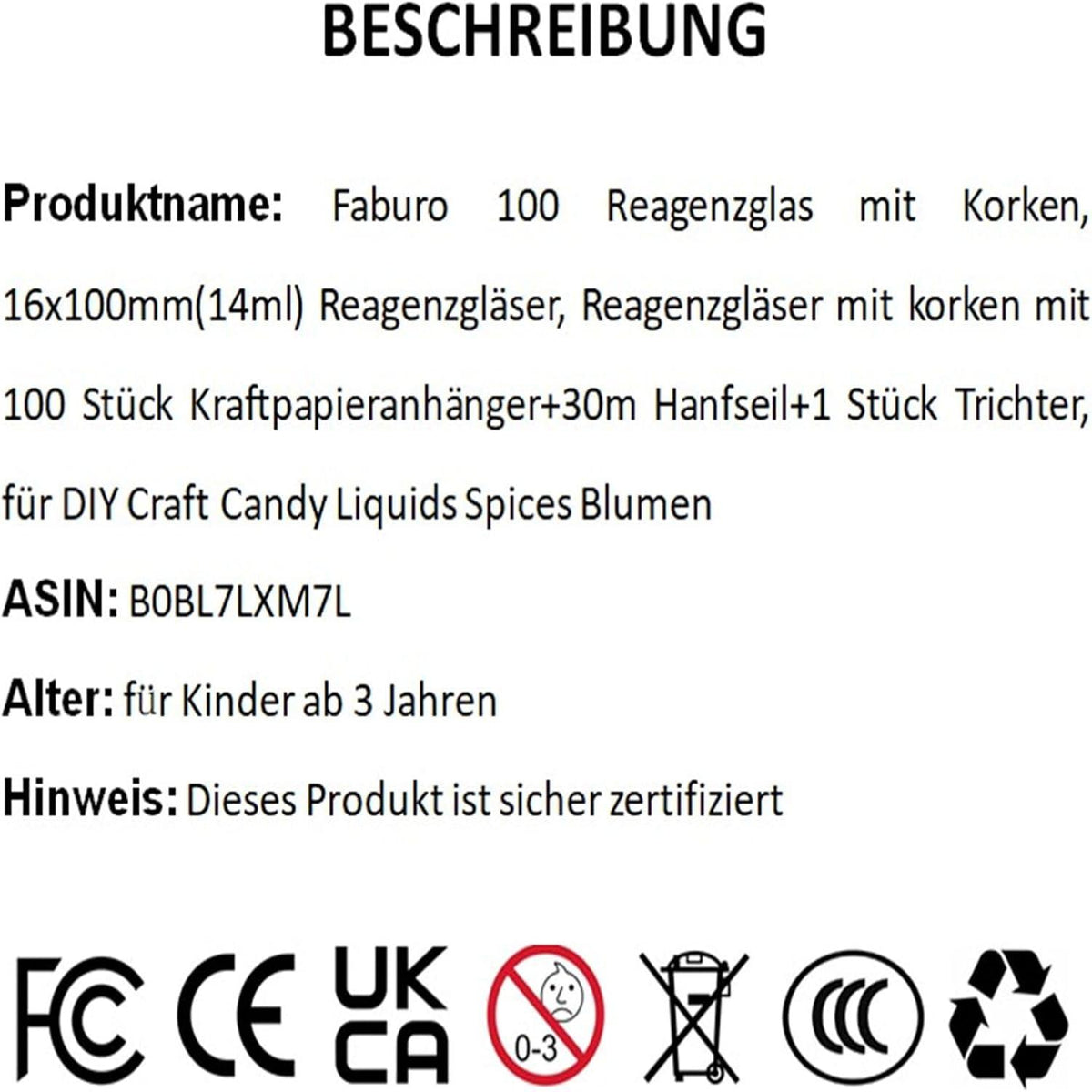 100 Reagenzgläser mit Korken, Kraftpapieranhänger, Hanfseil, Trichter