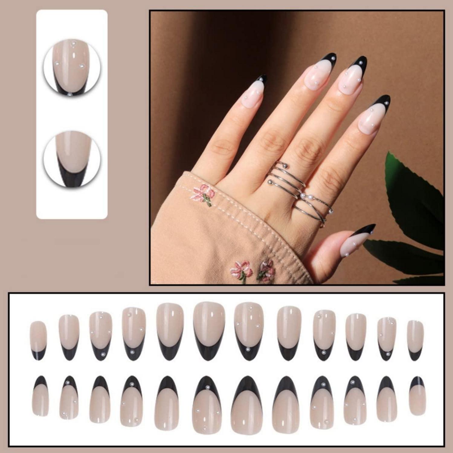 24 Stück Schwarze French Künstliche Nägel Zum Aufkleben - Oval Press on Nails, 24 Pearl Nägel