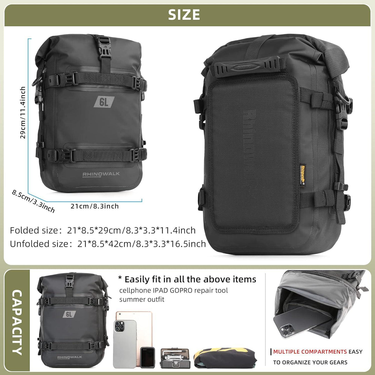Motorrad Sturzbügeltasche Wasserdicht 6L Schwarz