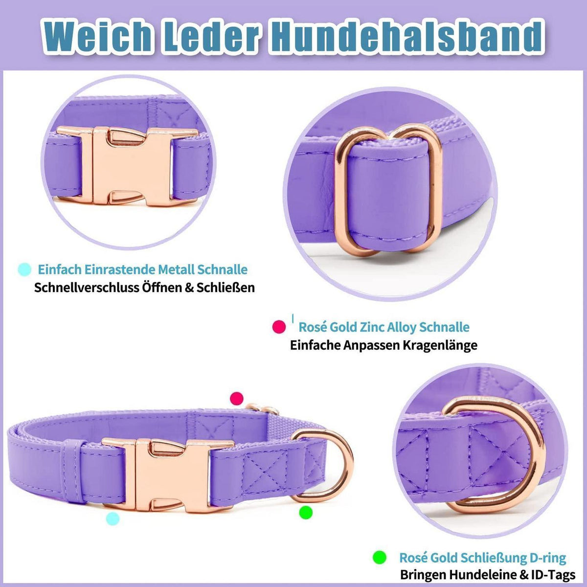Hundehalsband & Leine Set – Rose Gold, Violett, L in Lederoptik