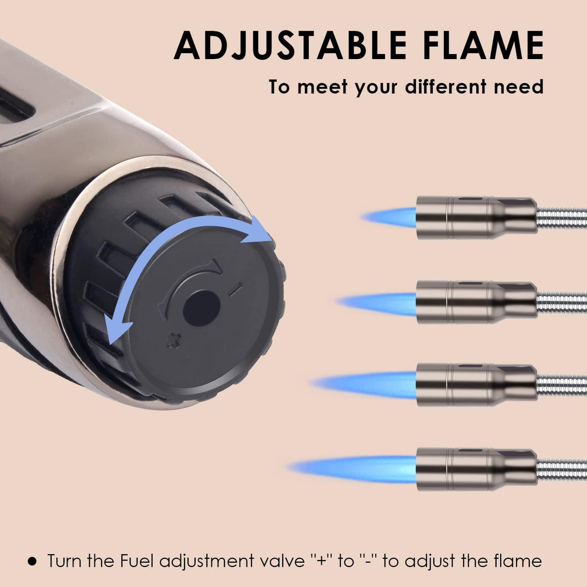 Flexibles Gasfeuerzeug mit Sperrvorrichtung und einstellbarer Flamme